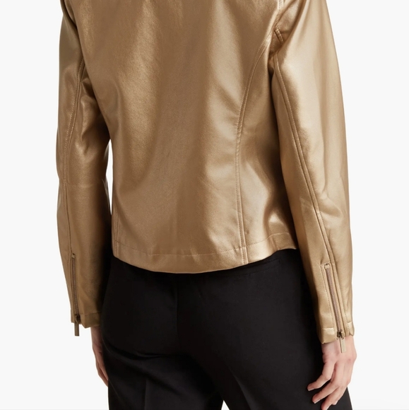Jaclyn Smith Moto Jacket WOMEN LARGE gold Faux Leather spread collar - Picture 3 of 8